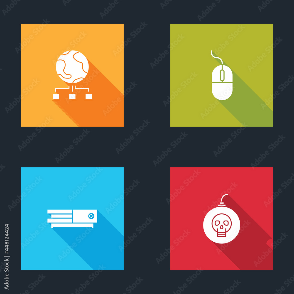 Poster set computer network, mouse, video game console and bomb ready to explode icon. vector