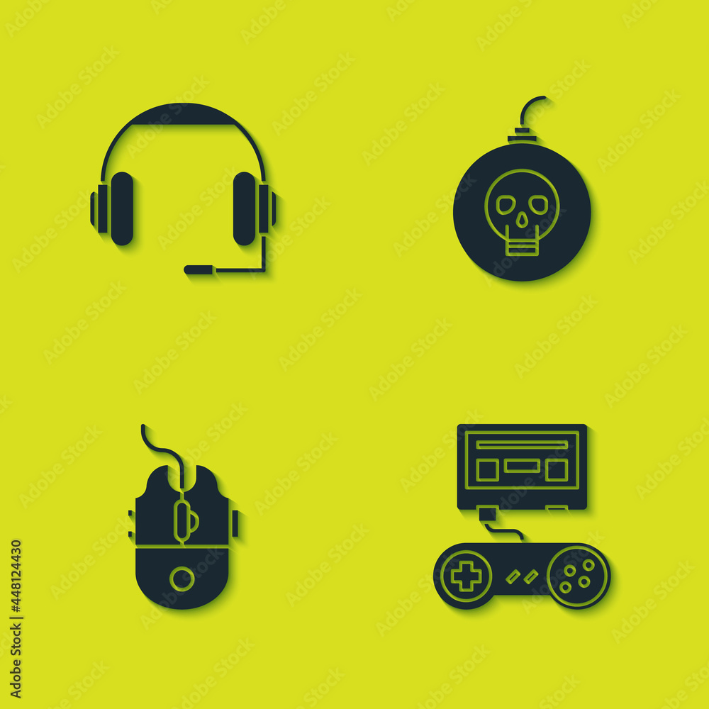 Poster set headphones, game console with joystick, computer mouse gaming and bomb ready to explode icon. ve