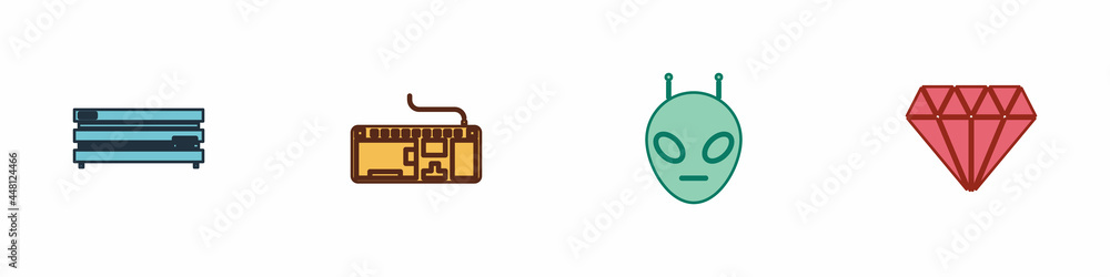 Poster set video game console, computer keyboard, alien and diamond icon. vector