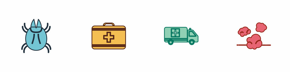 Set Parasite mite, First aid kit, Emergency car and Dust icon. Vector
