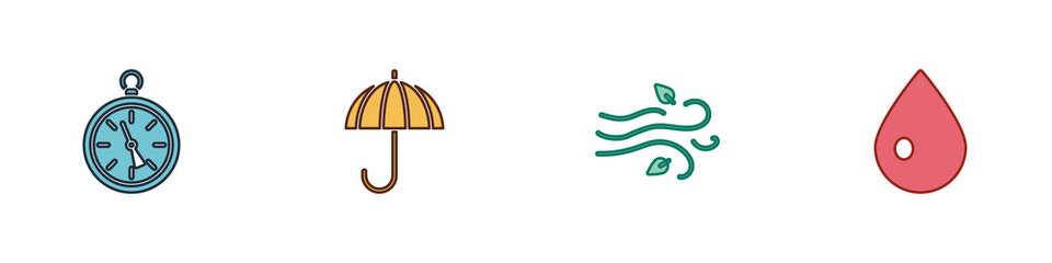 Set Compass, Umbrella, Wind and Water drop icon. Vector