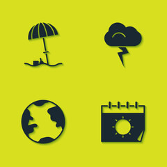 Set Sun protective umbrella for beach, Calendar and sun, Earth globe and Storm icon. Vector