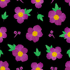 anemone flower pattern on black background. Illustration for printing, backgrounds, wallpapers, covers, packaging, greeting cards, posters, stickers, textile and seasonal design.
