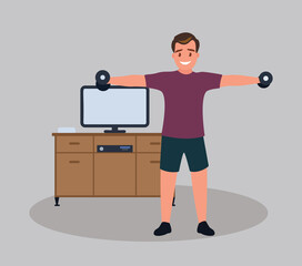 A male character training at home, a man lifting dumbbells. Cartoon character, vector in a flat style