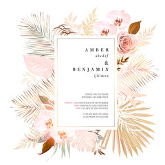 Fototapeta premium Trendy dried palm leaves, pale orchid, pampas grass, gold tropical monstera