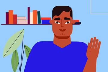 Man waving, saying hi. Call, conversation, introduction. Colorful illustration 