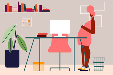 Pregnant woman working from her house, studio, flat. Vector illustration