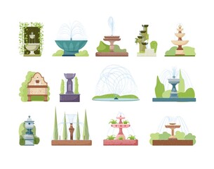 Various park fountain architectural element. Set of waterfall, tiered, classic, cascading, splash, dancing equipment over green garden scene vector illustration isolated on white background - obrazy, fototapety, plakaty