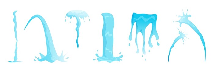 Pouring fountain or geyser water flow, drop and splash set. Various shape of stream and trickle waterfall, single spray including cascading aqua flow vector illustration isolated on white background