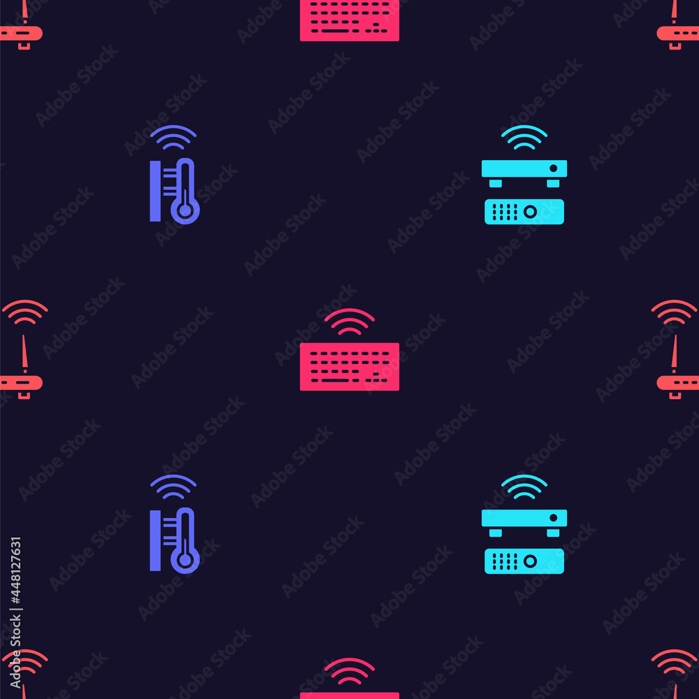 Poster set wireless tv box receiver, smart thermometer, keyboard and router and wi-fi signal on seamless pa