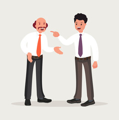 Conflict at work. Office workers to fight. Business discord. Vector illustration.