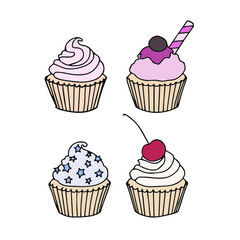 hand drawn cupcake illustrations. Vector doodles with desserts for your design, cards, textiles, posters. Isolated on white background