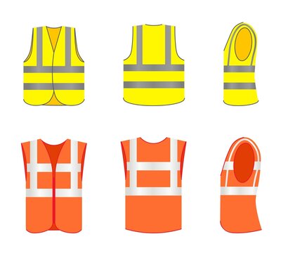 Reflective Safety Vest Outfit Front, Side And Back View Set. Protective Waistcoat Wear Uniform With Neon Stripe For Construction Worker Or Builder Vector Illustration Isolated On White Background