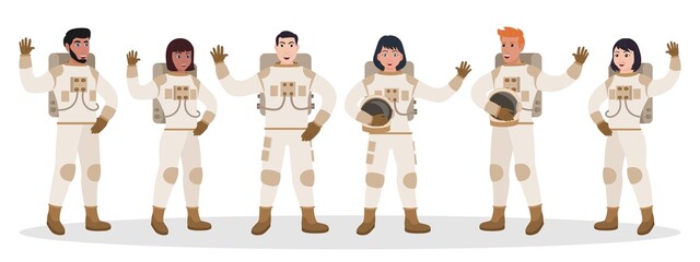 Diverse team of astronaut in cosmic costume gesturing greeting in row. Male and female cosmonaut character wearing spacesuit welcoming waving hand vector illustration isolated on white background © studioworkstock