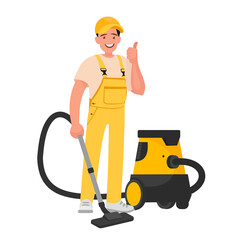 Worker of cleaning service. A man dressed in a uniform with a vacuum cleaner. Vector illustration.
