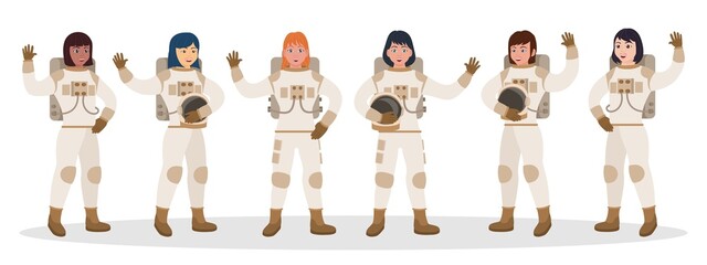 International woman astronaut team stand in row waving hand. Multiracial interstellar spaceship starship spacefaring female crew ready for adventure vector illustration isolated on white background