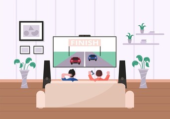 Kids playing video game in living room sitting on sofa front of TV. Brother or friend children with gamepads enjoy family leisure lifestyle and fun time at home vector illustration