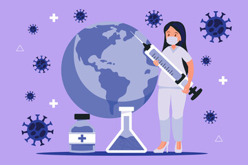 Naklejka premium A nurse holds a syringe with a vaccine against coronavirus. Vector Illustration flat design.