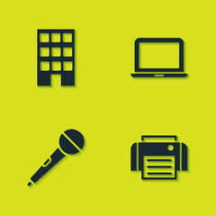 Set House, Printer, Microphone and Laptop icon. Vector