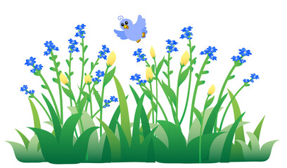 Cartoon blue bird flying on flowers and grass, vector