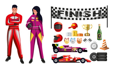 Pit crew fixing auto and automobile maintenance attribute. Set of speed formula race service tool and reward prize, man and woman pilot racer vector illustration isolated on white background