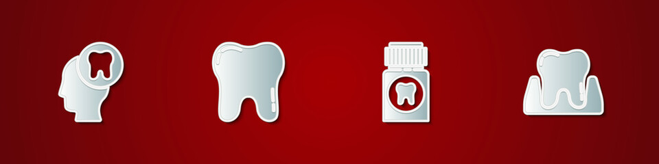 Set Human head with tooth, Tooth, Painkiller tablet and icon. Vector