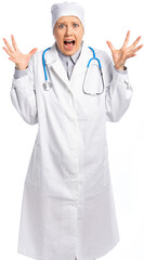 female doctor in a white coat and hat. the doctor raised her hands, spread her fingers, and screamed in fright, opened her mouth strongly. isolated, white background