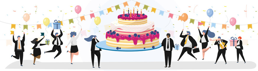 Company anniversary birthday celebration poster design. Happy employee, office worker and businesspeople having fun around festive sweet cake on corporate event vector illustration