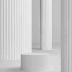 White column with strips degine and white background with podium for product presentation 3d render, 3d scene