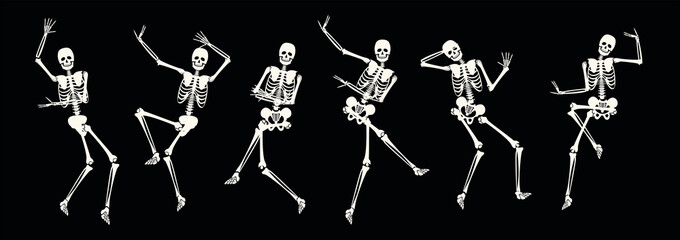 Comic spooky dancing skeleton for party or holiday design. Active scary skeletal human body dancer jumping and making funny movement vector illustration isolated on black background