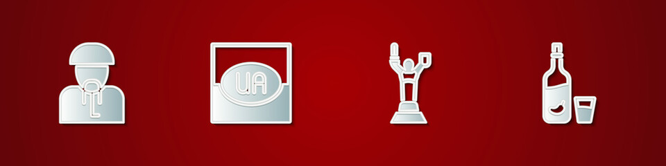 Set Ukrainian cossack, Flag of Ukraine, Mother Motherland monument and Vodka with pepper glass icon. Vector