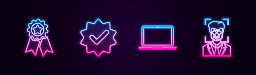 Set line Medal with star, Approved and check mark, Laptop and Face recognition. Glowing neon icon. Vector