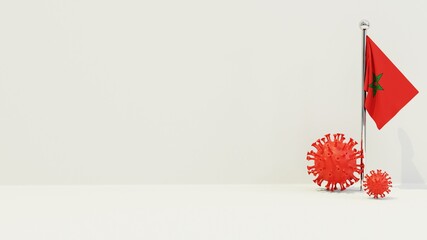 Obraz premium Morocco realistic flag illustration. Red 3D COVID-19 virus rendering in front of the flagpole.