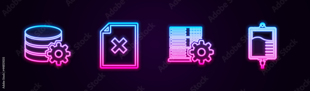 Poster Set line Setting database server, Delete file document, Server setting and IV bag. Glowing neon icon. Vector