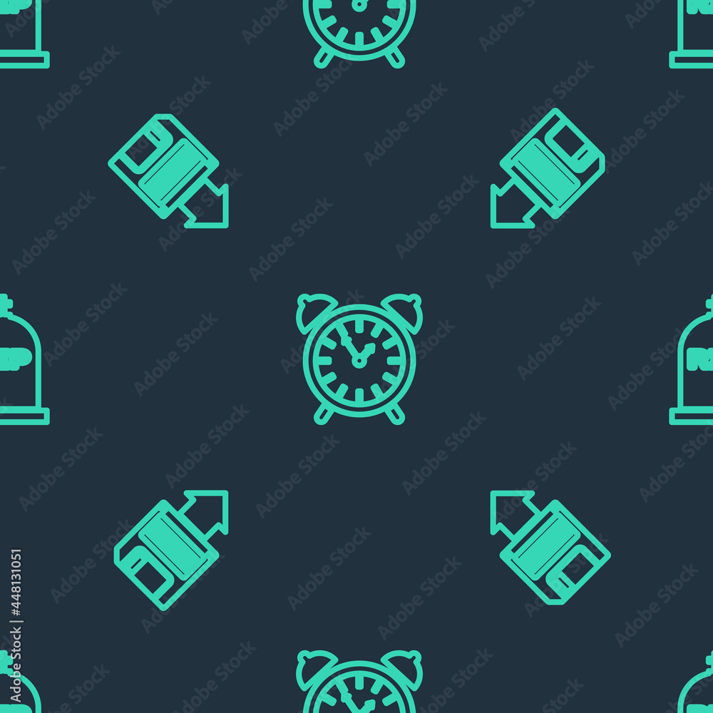Poster set line alarm clock, floppy disk backup and tombstone with rip written on seamless pattern. vector