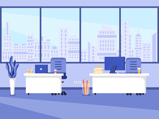 Workplace and work station flat design, Concept of working desk or office interior with furniture. Modern office room with computer, table and equipment. Work from home illustration.