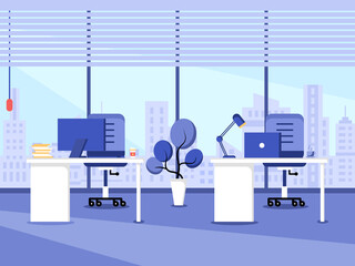 Workplace and work station flat design, Concept of working desk or office interior with furniture. Modern office room with computer, table and equipment. Work from home illustration.