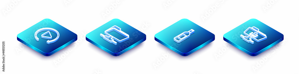 Poster set isometric line video play button, ftp folder, bottle of wine and upload icon. vector