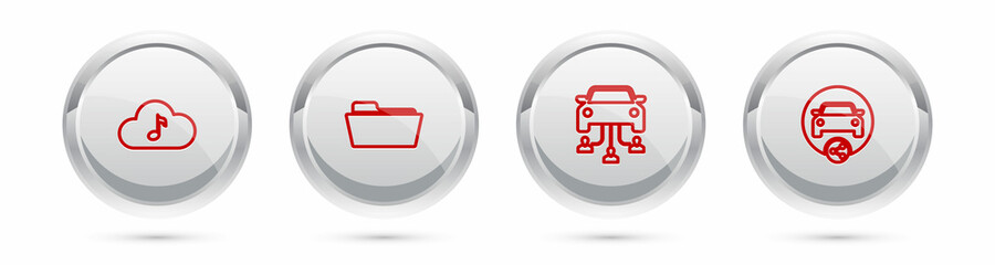 Set line Music streaming service, Folder, Car sharing and . Silver circle button. Vector
