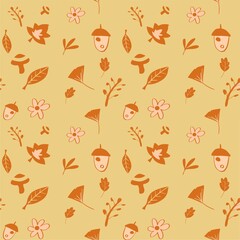 seamless leaf tree walnuts and mushroom autumn pattern background decoration for backdrop wallpaper and fabric pattern, vintage art