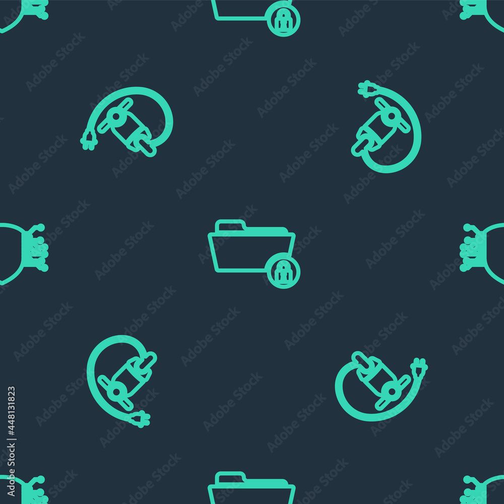 Poster set line folder and lock, electric scooter and cyber security on seamless pattern. vector