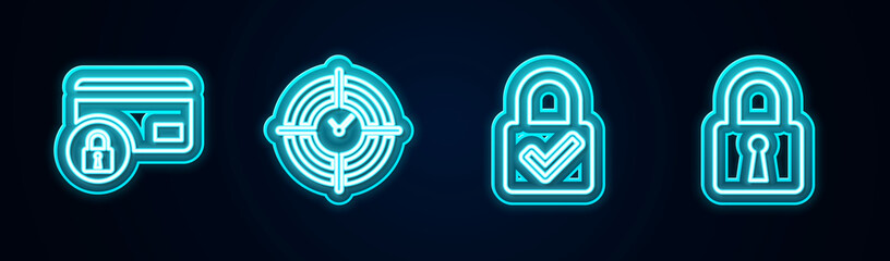 Set line Credit card with lock, Time Management, Lock and check mark and . Glowing neon icon. Vector