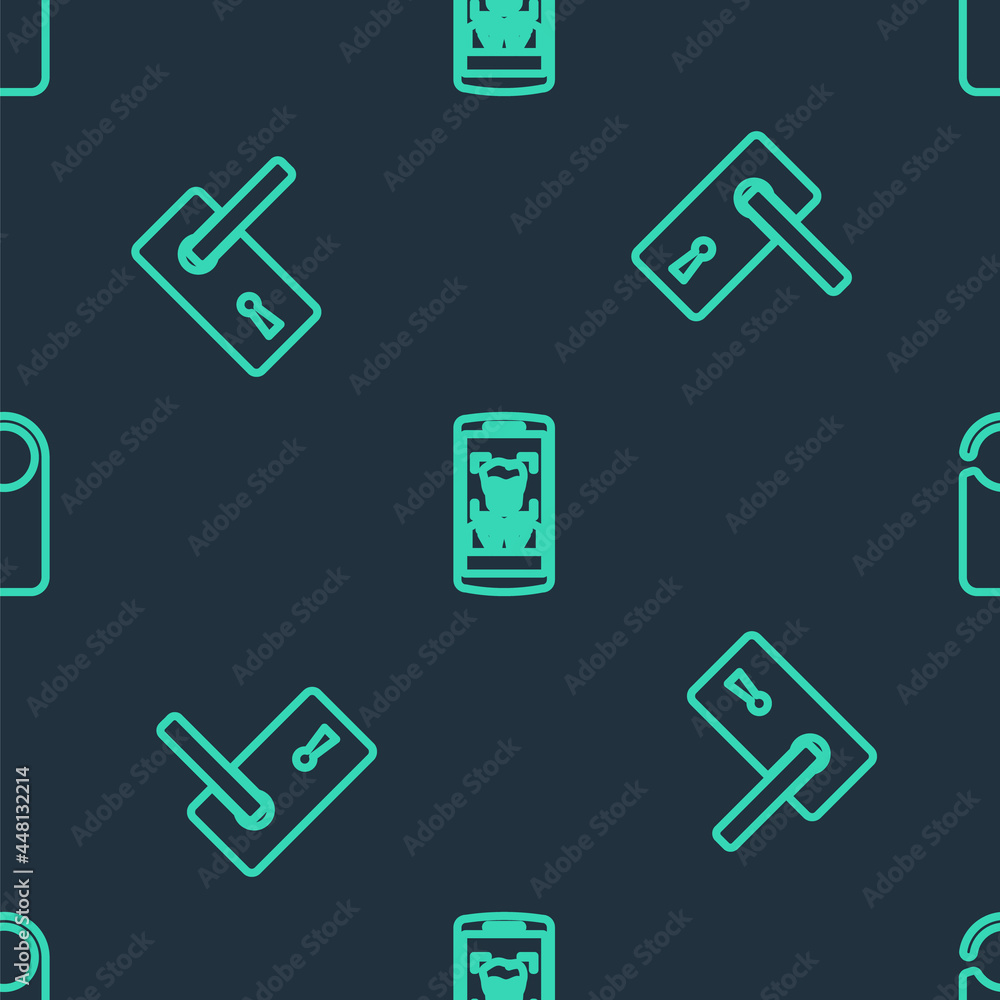Poster set line mobile and face recognition, door handle and please do not disturb on seamless pattern. vec