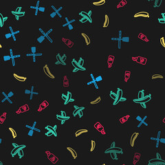 Set line Crossed knife and spatula, hot chili pepper pod, Hot and Ketchup bottle on seamless pattern. Vector