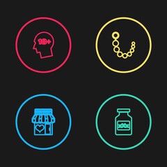 Set line Sex shop building, Bottle with pills for potency, Anal beads and Head 18 plus icon. Vector