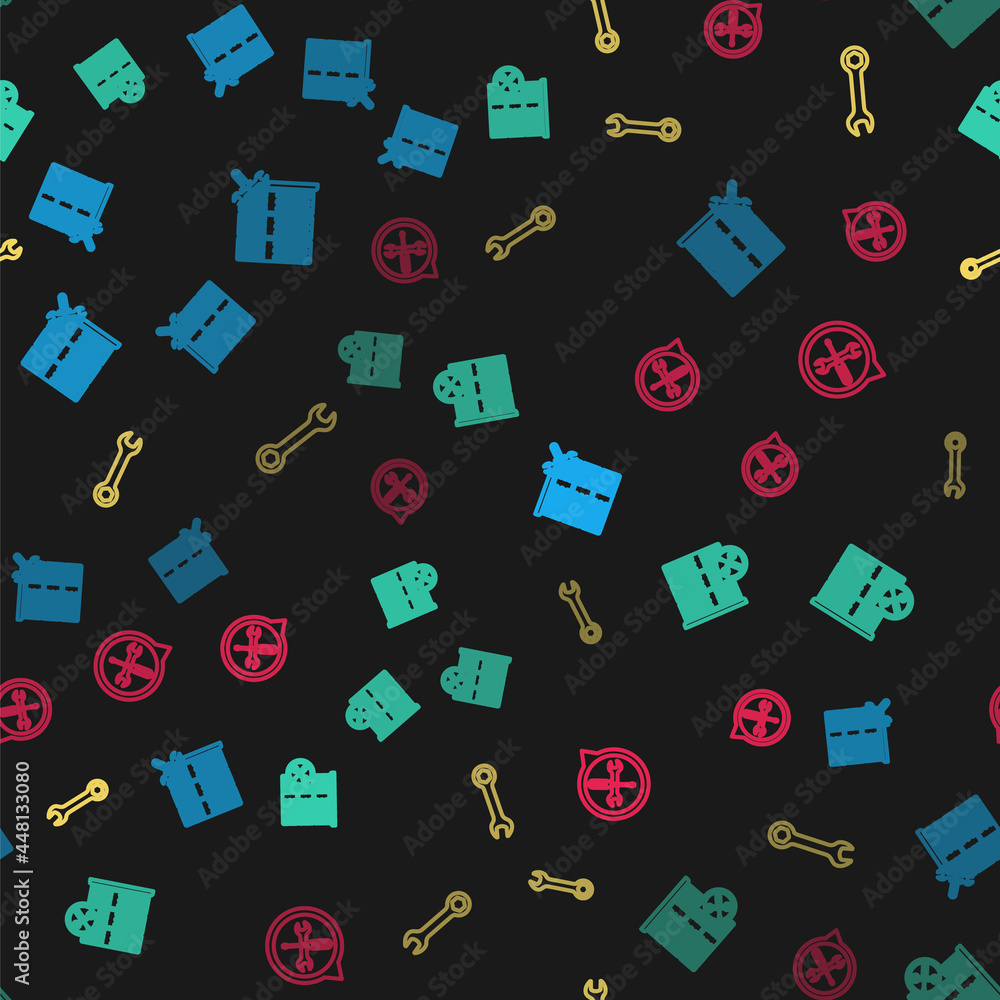 Poster set line database server service, , wrench and location on seamless pattern. vector