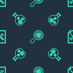 Set line Microorganisms under magnifier, Test tube with virus and File document service on seamless pattern. Vector