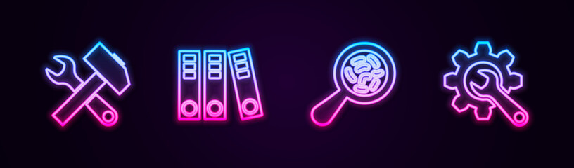 Set line Crossed hammer and wrench, Office folders, Microorganisms under magnifier and Wrench gear. Glowing neon icon. Vector