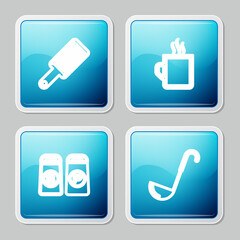 Set line Grater, Coffee cup, Salt and pepper and Kitchen ladle icon. Vector