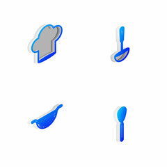 Set Isometric line Kitchen ladle, Chef hat, colander and whisk icon. Vector